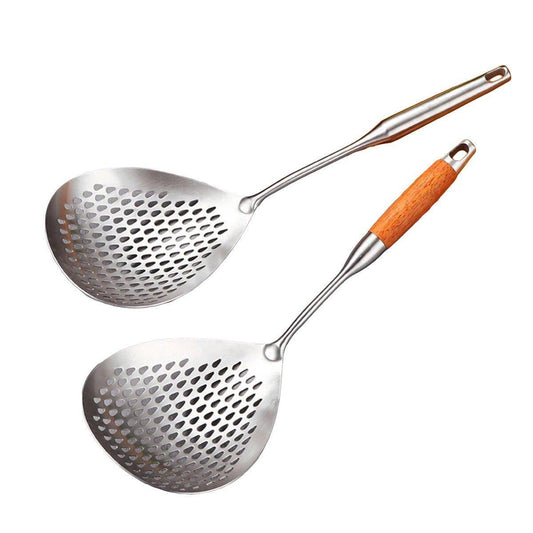 304 Stainless Steel Kitchen Colander Long Handle Noodle Dumpling Strainer Spoon - Yellow wood