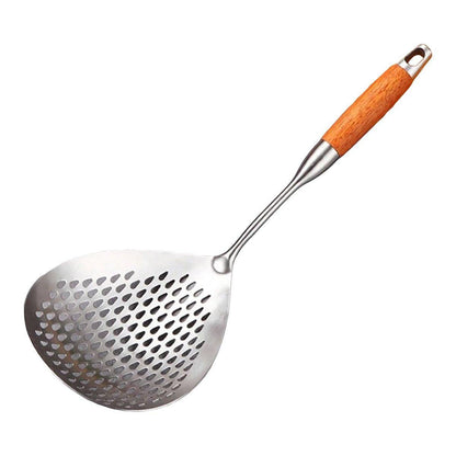 304 Stainless Steel Kitchen Colander Long Handle Noodle Dumpling Strainer Spoon - Yellow wood