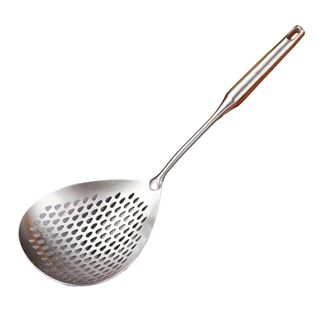 304 Stainless Steel Kitchen Colander Long Handle Noodle Dumpling Strainer Spoon - Yellow wood