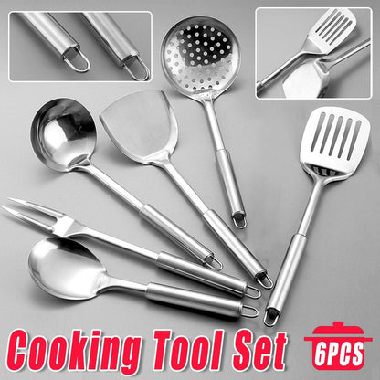 6PCS Stainless Steel Kitchen Utensil Set with Frying Spatula Colander and Spoon