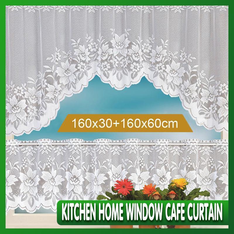 2Pcs/Set White Lace Kitchen Home Window Cafe Curtain W Scallope Edge 160Cm Wide
