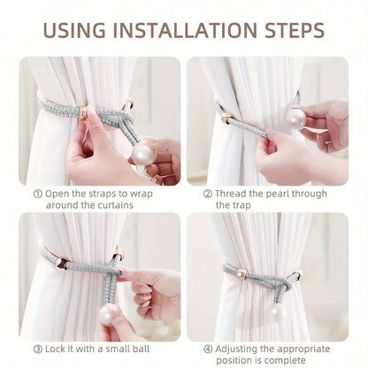 Curtain Tiebacks Pearl Strap Set 3 Pairs Decorative Buckle Holder Rings Hooks - White