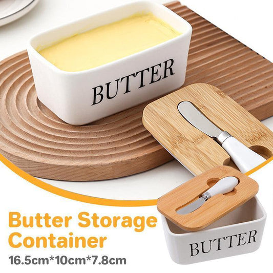 Ceramic Butter Dish Box Storage Tray Container W/ Bamboo Lid & Butter Cutter