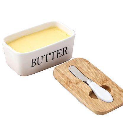 Ceramic Butter Dish Box Storage Tray Container W/ Bamboo Lid & Butter Cutter