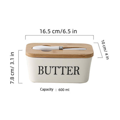 Ceramic Butter Dish Box Storage Tray Container W/ Bamboo Lid & Butter Cutter