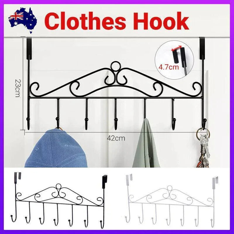 7-Hooks For Bedroom Over The Door Hanger Clothes Storage Towel Iron Hanging Rack - Black - Mekamart Australia