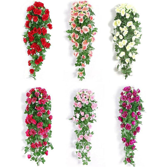 2PCS Artificial Rose Flower Garland Hanging Vine Home Wall Decor Fake Rattan - Red