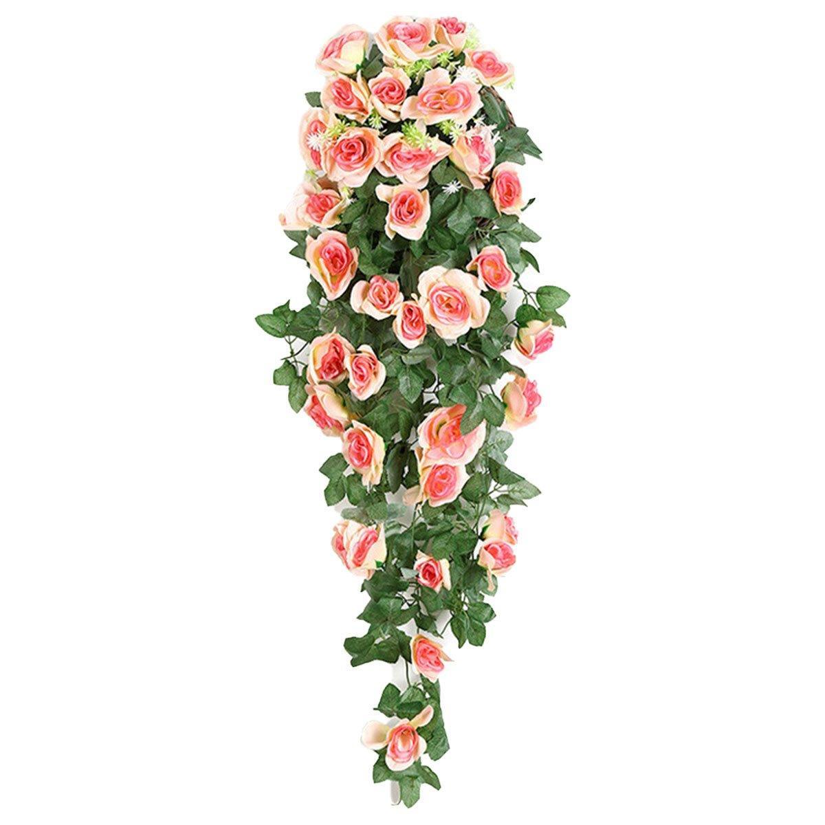 2PCS Artificial Rose Flower Garland Hanging Vine Home Wall Decor Fake Rattan - Red