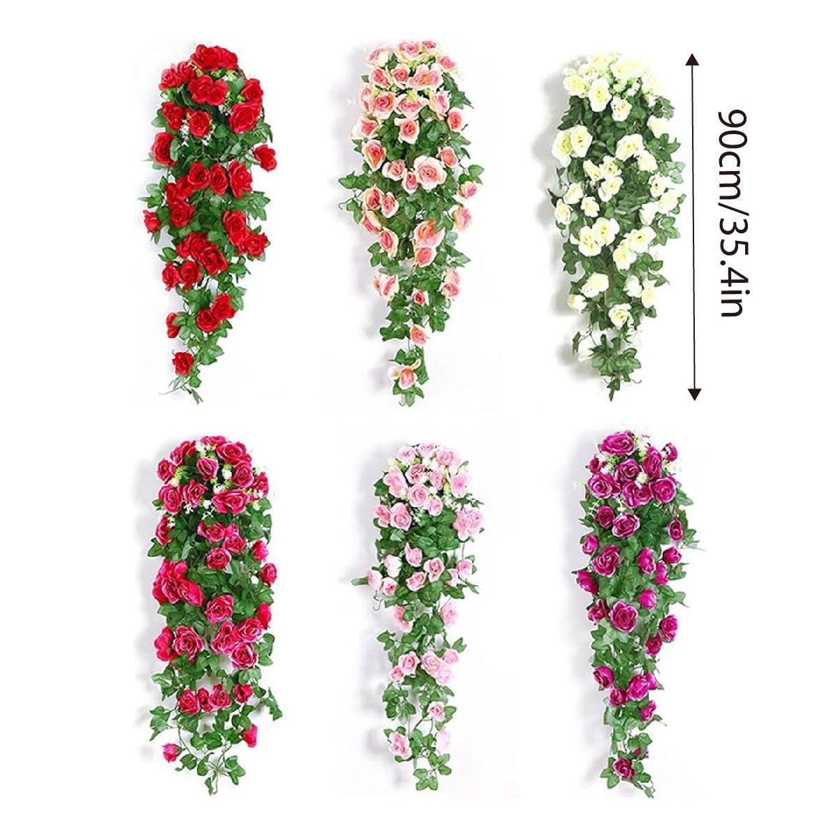 2PCS Artificial Rose Flower Garland Hanging Vine Home Wall Decor Fake Rattan - Rose Red