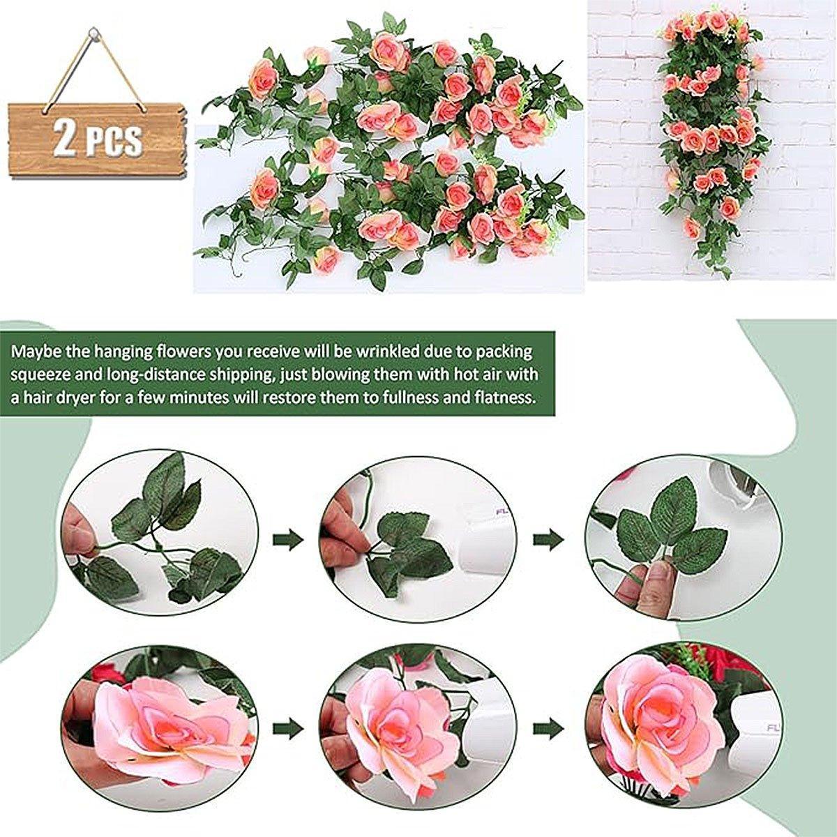 2PCS Artificial Rose Flower Garland Hanging Vine Home Wall Decor Fake Rattan - Rose Red
