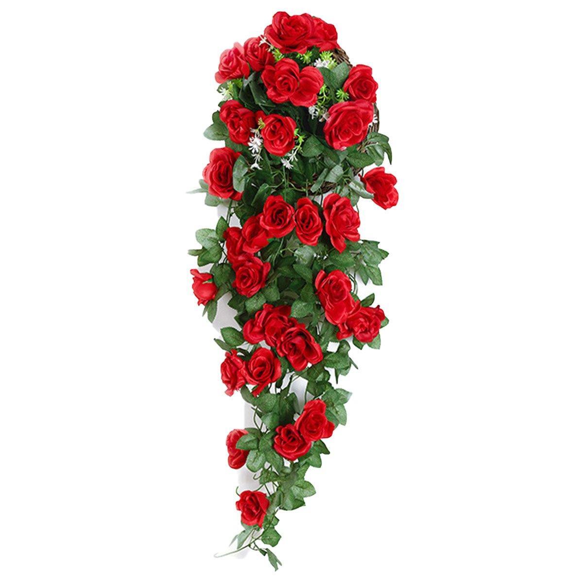 2PCS Artificial Rose Flower Garland Hanging Vine Home Wall Decor Fake Rattan - Rose Red