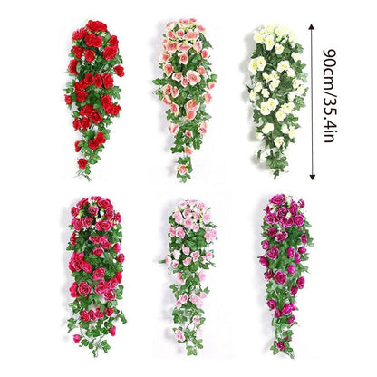 2PCS Artificial Rose Flower Garland Hanging Vine Home Wall Decor Fake Rattan - White