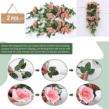 2PCS Artificial Rose Flower Garland Hanging Vine Home Wall Decor Fake Rattan - White