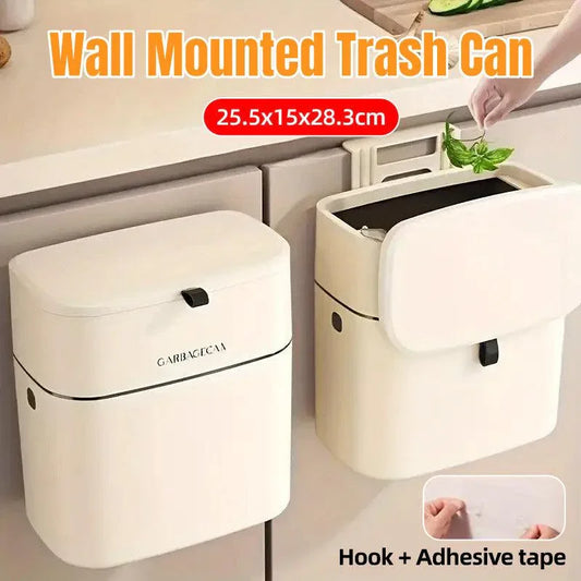 Wall Mounted Hanging Waste Bin with Lid Household Cabinet Trash Can Cream White - Mekamart Australia