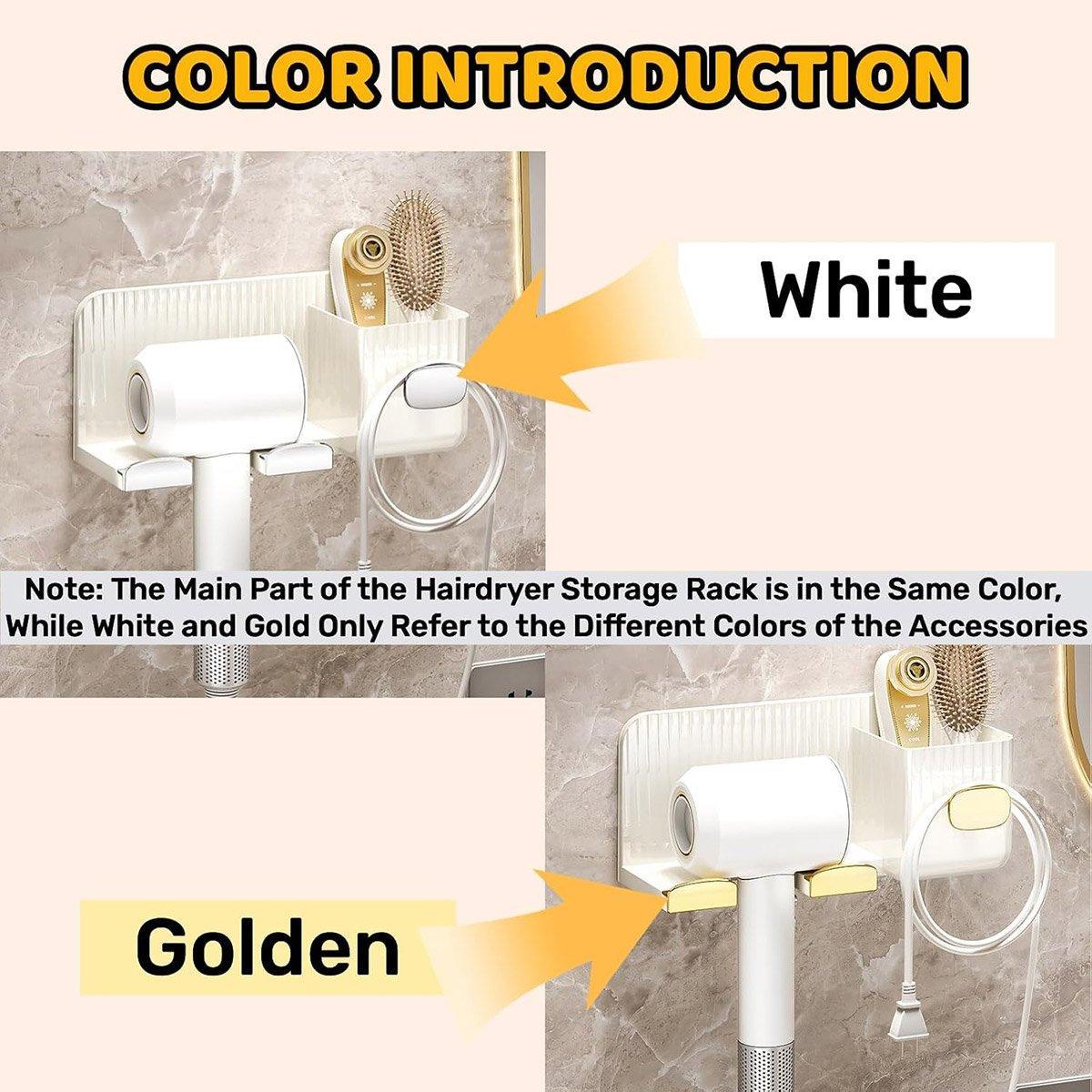 Hair Dryer Holder Rack Plastic Wall Mount No Drill Bathroom Organizer Storage - Gold