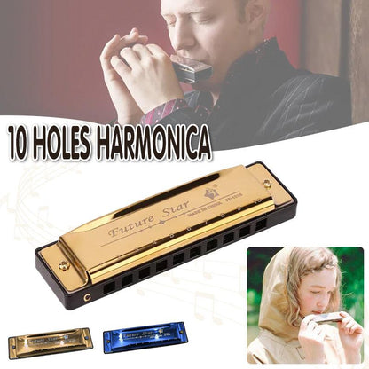Harmonica 10 Holes Key Of C Blue Blues Harp Stainless Steel Brass - Gold