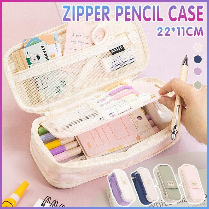 Zipper Pencil Case Pen Bag Organizer School Office Cosmetic Stationery Storage - Beige-Dark Blue