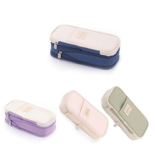 Zipper Pencil Case Pen Bag Organizer School Office Cosmetic Stationery Storage - Beige-Dark Blue