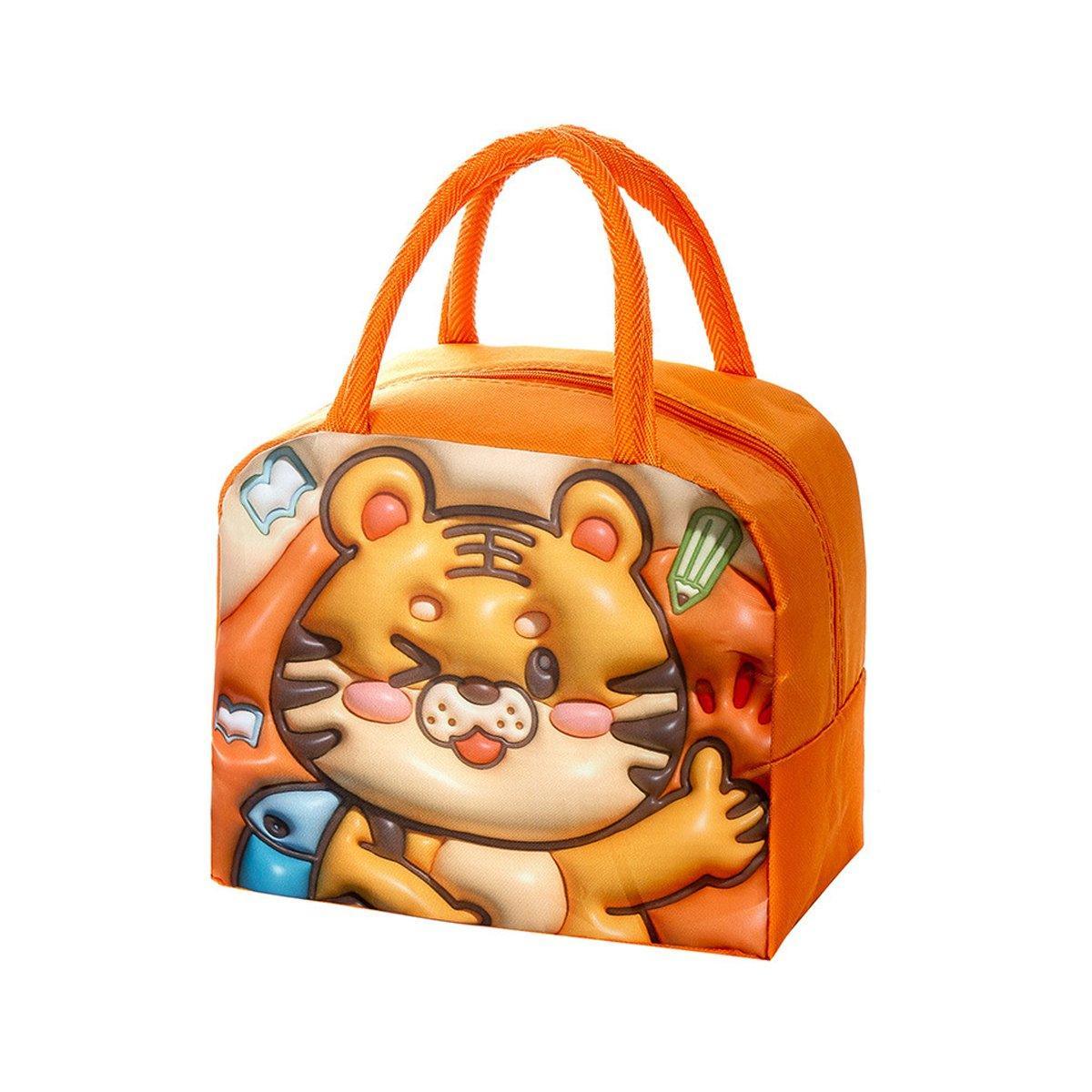 Cute 3D Cartoon Insulated Lunch Bag Oxford Fabric Bento Tote for School Use - Orange Tiger