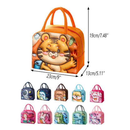 Cute 3D Cartoon Insulated Lunch Bag Oxford Fabric Bento Tote for School Use - Navy Blue Dinosaur