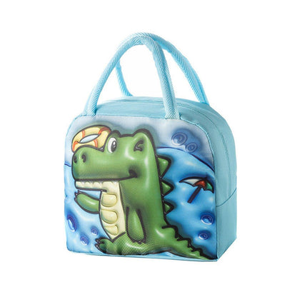 Cute 3D Cartoon Insulated Lunch Bag Oxford Fabric Bento Tote for School Use - Navy Blue Dinosaur