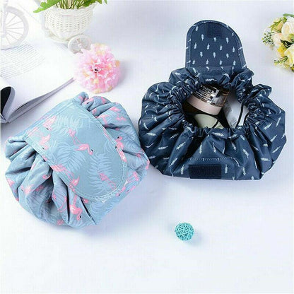 Portable Travel Makeup Bag Drawstring Cosmetic Pouch Lazy Storage Organiser Case - Orange Flower
