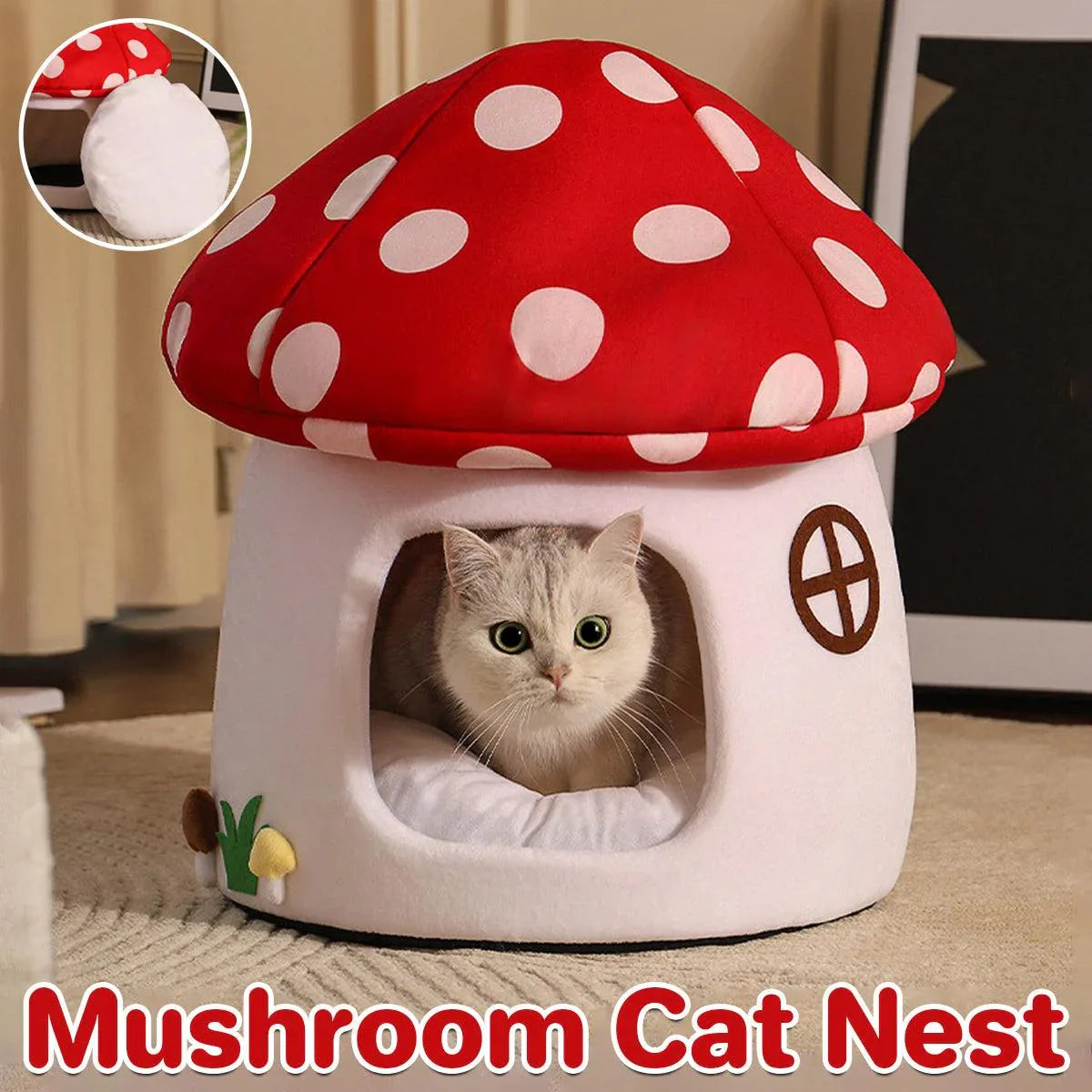 Winter Mushroom Cat House Cozy Sleeping Pet Bed for Cats Indoor Warm Pet House - Mekamart Australia