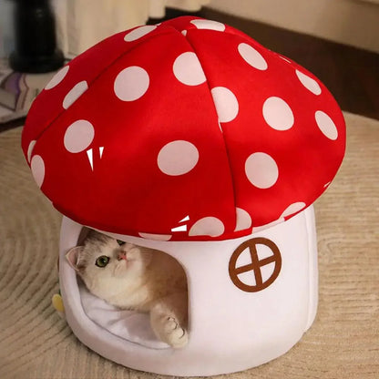 Winter Mushroom Cat House Cozy Sleeping Pet Bed for Cats Indoor Warm Pet House - Mekamart Australia
