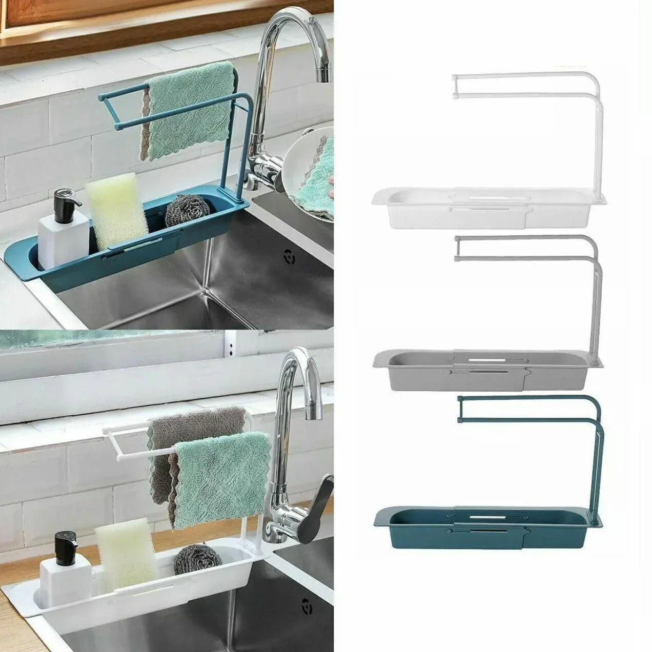 Telescopic Sink Rack Holder Expandable Storage Drain Basket Home Kitchen Kit - White