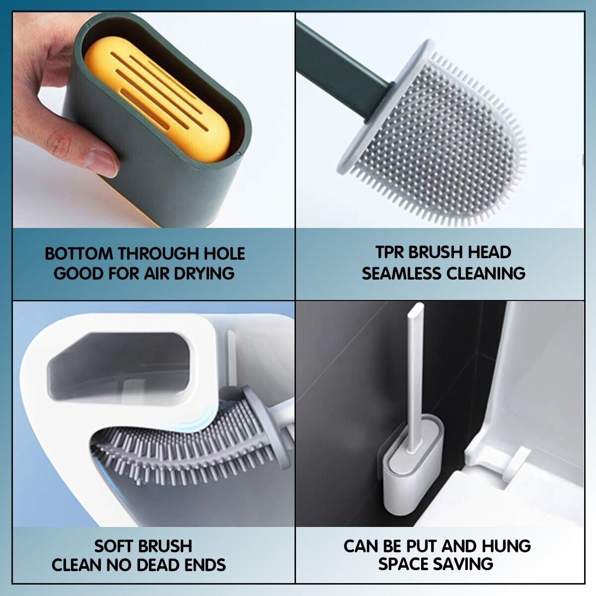 TPR Toilet Brush Set Silicone-Like Head with Holder Wall Mounted Detachable Handle - Grey * 1 Unit