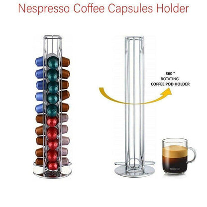 40 Capsules Rotating Coffee Pod Holder Rack for Nespresso Chrome Countertop Stand