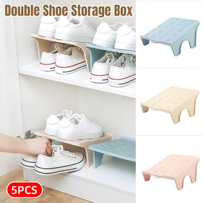 5pcs Double Layer Shoe Rack Simple Storage Organizer Space Saving Shoe Holder - Blue