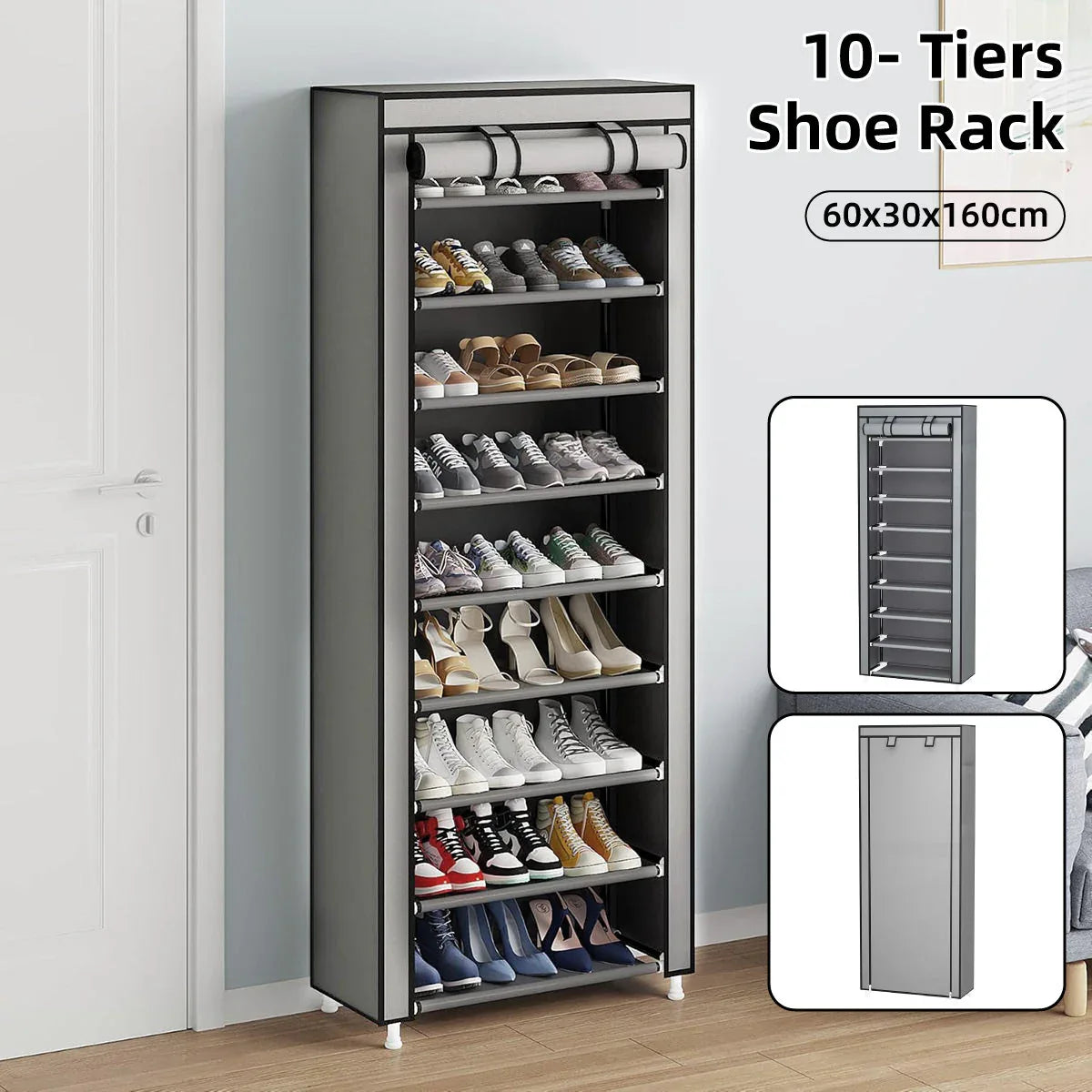 10 Tier Black Shoe Rack Dustproof Organiser Shoe Storage Cabinet for Home Use - Mekamart Australia