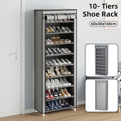 10 Tier Black Shoe Rack Dustproof Organiser Shoe Storage Cabinet for Home Use - Mekamart Australia