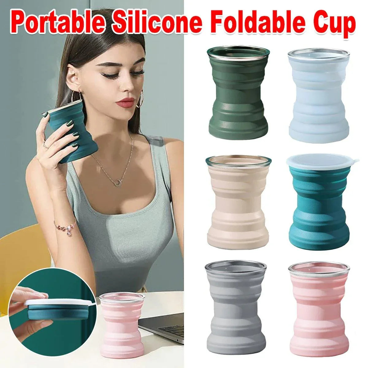 Silicone Folding Travel Mug Portable Retractable Collapsible Mug Outdoor Camping - Grey Lake Blue - Mekamart Australia