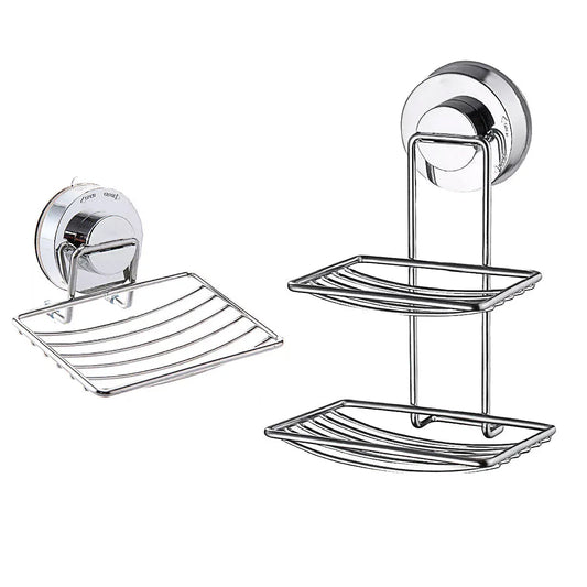 Shower Bar Holder Suction Basket Wall Mounted Stainless Steel Bathroom Soap Dish - Double Layer