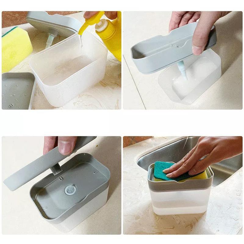 2 In 1 Soap Pump Dispenser Sponge Holder Dish Washing Liquid Container Kitchen - White