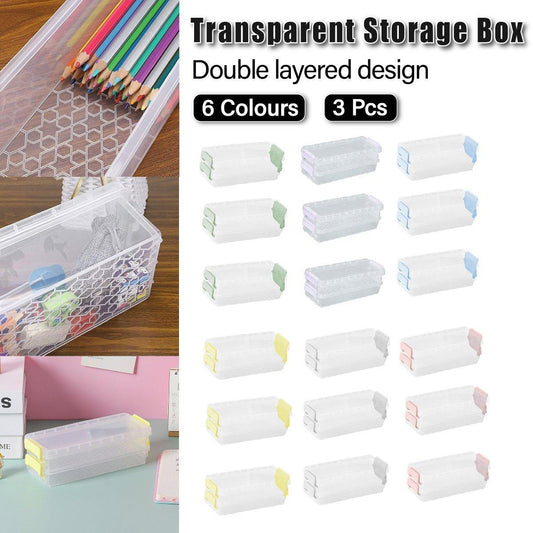 3PCS Clear Plastic Desktop Storage Box 2 Layer Holder DIY Stationery Pencil Case - Green