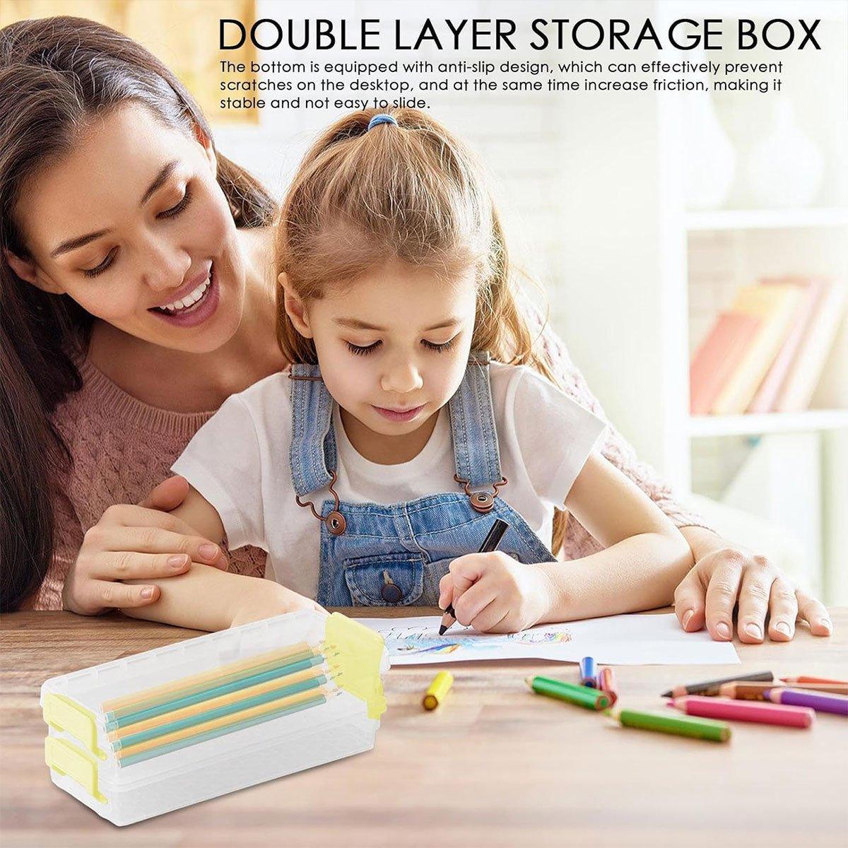 3PCS Clear Plastic Desktop Storage Box 2 Layer Holder DIY Stationery Pencil Case - Green