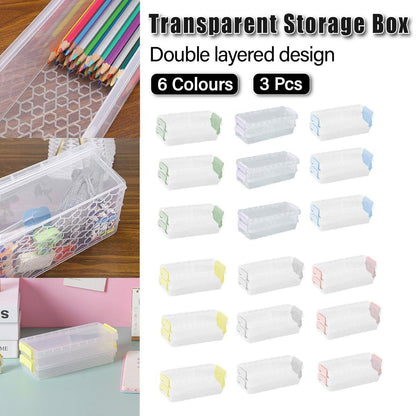 3PCS Clear Plastic Desktop Storage Box 2 Layer Holder DIY Stationery Pencil Case - Yellow
