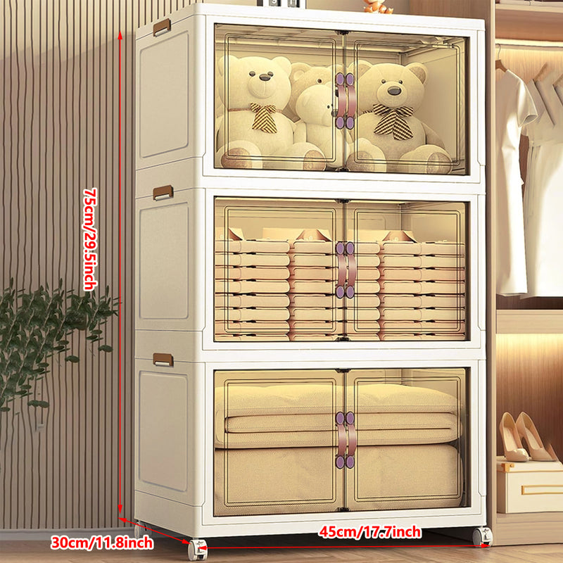 3 Tier Folding Storage Cabinet Shelf with Doors and Wheels for Home Office Dorm