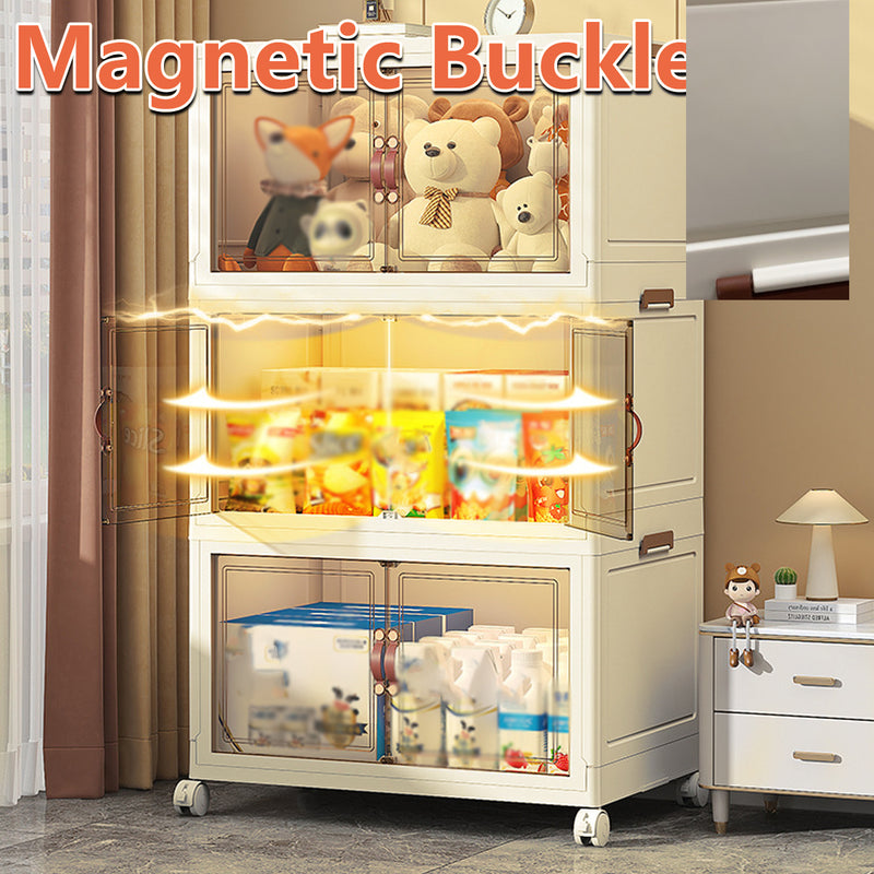 3 Tier Folding Storage Cabinet Shelf with Doors and Wheels for Home Office Dorm