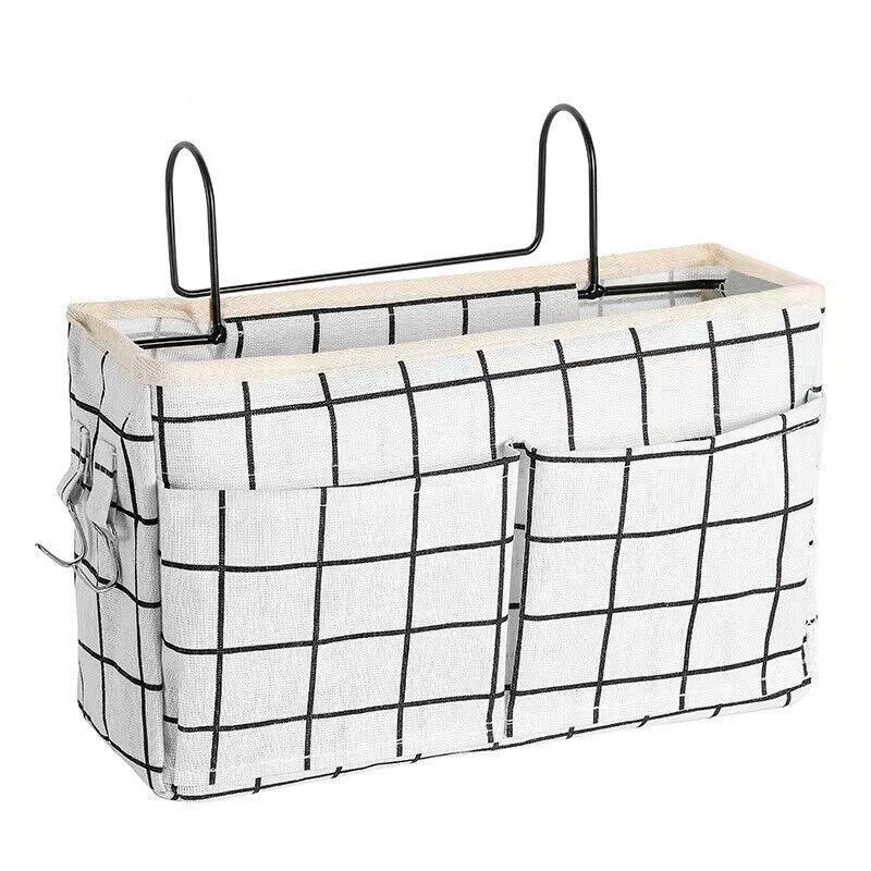 Hanging Bedside Storage Caddy with Pockets for Bunk Bed Dorm Couch Organizing - Black Grid
