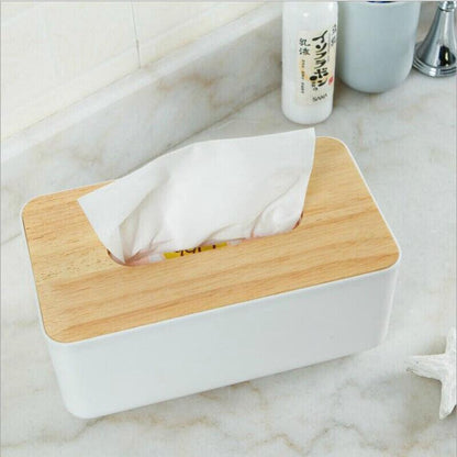 Wooden Lid Tissue Storage Box Dispenser for Napkins Desk Paper Holder Organiser - White