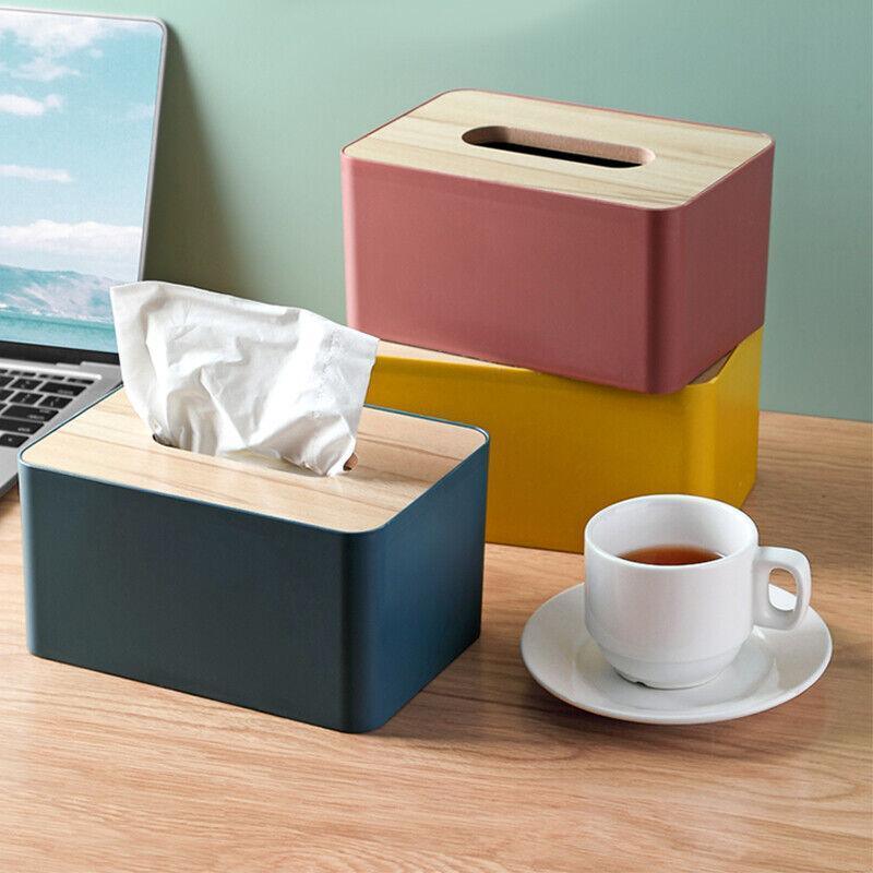 Wooden Lid Tissue Storage Box Dispenser for Napkins Desk Paper Holder Organiser - Yellow