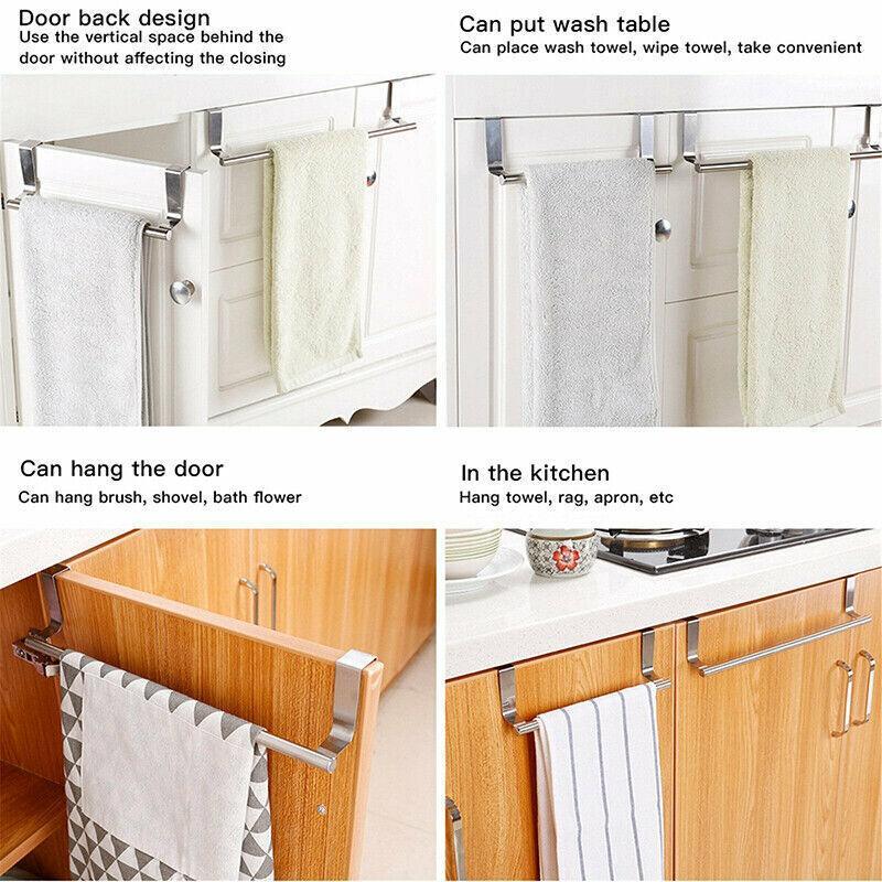 Stainless Steel Over Door Towel Rack Cupboard Hanging Rail for Kitchen Bathroom - 23.7CM