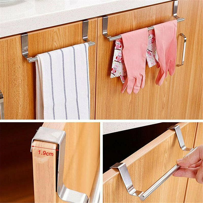 Stainless Steel Over Door Towel Rack Cupboard Hanging Rail for Kitchen Bathroom - 23.7CM