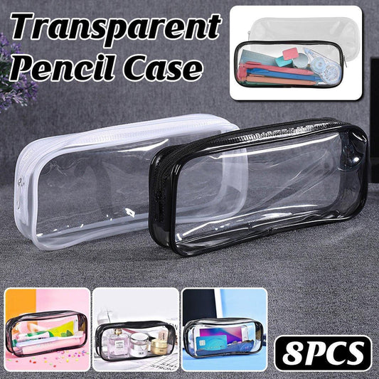 8PCS Waterproof Transparent Zipper Pencil Case Cosmetic Stationery Organizer Bag