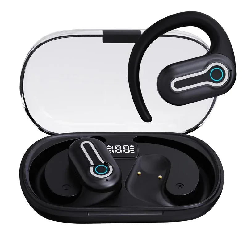 Wireless Stereo Earphones with Charging Case - Hanging Ear Design - Black - Mekamart Australia