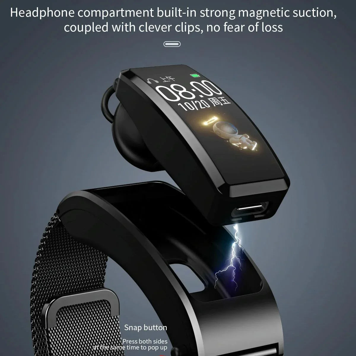 Bluetooth Sleep Heart Monitor Bracelet - B7 - Black + Black Steel Chain - Mekamart Australia